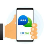 Hand holds phone with live chat message on white background. Vector illustration.