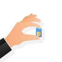 Flat icon with sim in hand. Hand holding mobile phone. vector