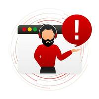 Smartphone with danger sign with man on screen on red background. Vector illustration