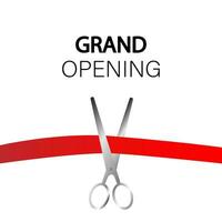 Grand opening. Red ribbon and silver scissors. Vector illustration.