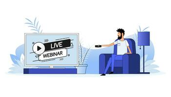 Man sits on the couch, they switch the channel on the TV - Live Webinar vector