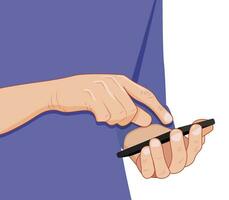 a person using a mobile smartphone to exchange messages and news on social networks. the hand holds the smartphone. a man in a blue T-shirt is holding a phone. blogger. Vector