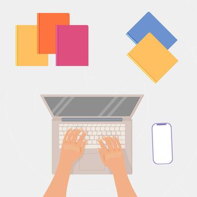 man uses a computer laptop to search for information, online shopping, education. on the table there is a laptop and books, a phone. vector
