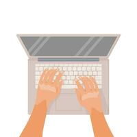 A man hands use a laptop with an empty screen. Workplace at home. Vector illustration.