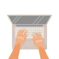 A man hands use a laptop with an empty screen. Workplace at home. Vector illustration.