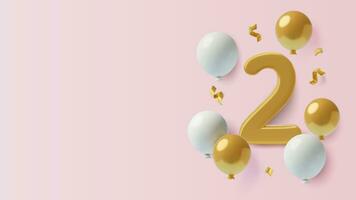 2 years birthday banner 3D realistic gold number two and balloons on pink background with copy space vector