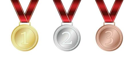 Gold, silver, and bronze medal. Realistic medal set. Prizes for winner. Award with ribbon. Medal vector set