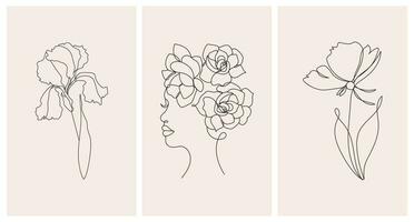 Abstract female portrait and flowers, line art. Set of posters, greeting cards, wall art. Black line on an abstract background in pastel colors. vector