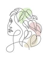 Portrait of a woman with flowers, line art. Contour illustration with the addition of colored spots. Postcard, poster, vector