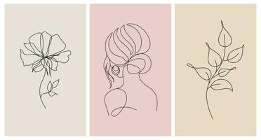 Abstract female portrait and flowers, line art. Set of posters, greeting cards, wall art. Black line on an abstract background in pastel colors. vector