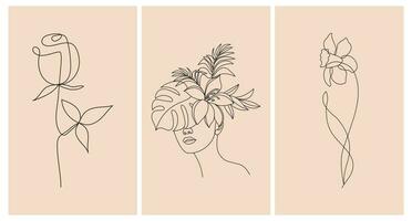 Abstract female portrait and flowers, line art. Set of posters, greeting cards, wall art. Black line on an abstract background in pastel colors. vector