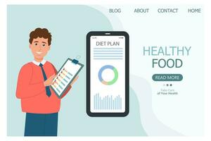 Nutritionist with a diet plan on the phone. Medical concept of healthy eating. Landing page, banner. Cartoon illustration, vector