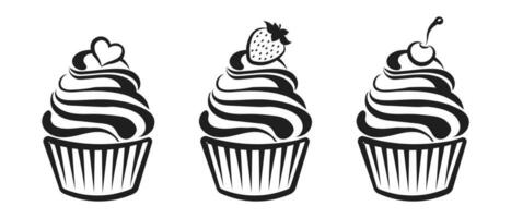 Set of linear cupcake silhouettes, line art, clipart isolated on white background. Sweet desserts. Food illustration, vector