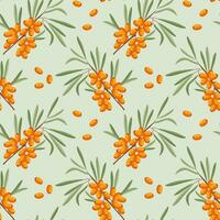 Seamless pattern, sea buckthorn branches and sea buckthorn berries on a light background. Print, background, vector