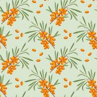 Seamless pattern, sea buckthorn branches and sea buckthorn berries on a light background. Print, background, vector