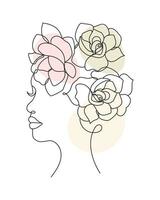 Portrait of a woman with flowers, line art. Contour illustration with the addition of colored spots. Postcard, poster, vector