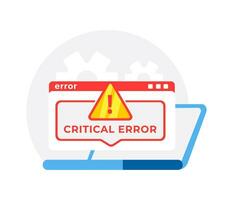 Vector illustration of a computer error message, depicting a critical alert with warning sign on a browser window, symbolizing system failure