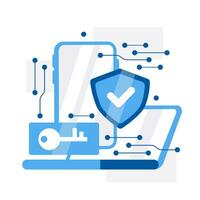 Sleek vector illustration of cyber security concept with shield, key, and digital elements, representing data protection and network defense in a digital age