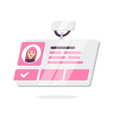 Modern flat design illustration of a personal ID card with a photo and security camera, representing identity verification and surveillance