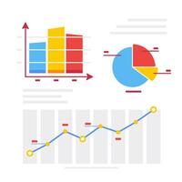 Set of colorful business data charts including bar graph, pie chart, and line graph vector illustrations for statistical presentations