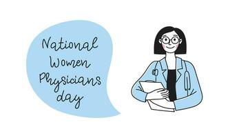 Banner National Women Physicians Day. Doctor. Diversity women in different poses. Vector linear doodle illustration