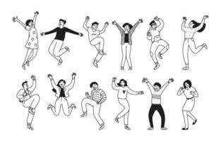 Set of people celebrating illustrations. Collection with happy jumping men and women celebrating an event or ceremony. Contour, thin line. Vector linear doodle illustration