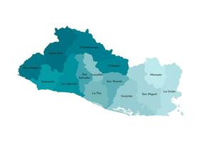 Vector isolated illustration of simplified administrative map of El Salvador. Borders and names of the departments, regions. Colorful blue khaki silhouettes