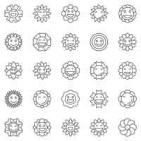 Groovy Flowers outline icons set - Retro Funny Flower with Smiling Face line symbols vector