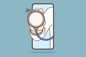 Doctor with stethoscope in mobile phone symbolizes telemedicine or hospital apps vector