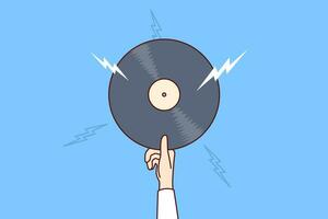 Vinyl record with retro music in hand of man offering to listen to classical composition vector