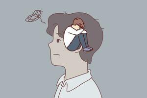 hombre experiencias estrés debido a infancia psicológico traumas porque de llorando niño en cabeza vector