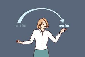 Woman engaged in business digitalization and points to word online, recommending use internet tech vector