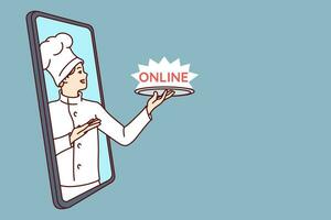 Man restaurant chef with word online on tray looks out phone screen offering to download application vector