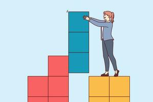 Business woman assembles structure from giant tetris blocks using skills of building own company vector