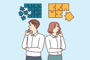 Business people reflect on corporate development and planning standing near puzzles different sizes vector