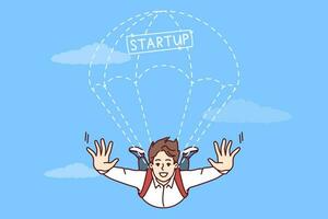 Business man startup owner with parachute flies in sky, demonstrating willingness to take risks vector