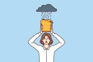 Woman is afraid of rain, covering head with bucket of water, for concept of business problems vector