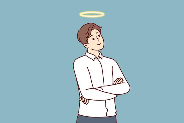 Kind man with angel halo above head is thinking about wants to become volunteer.