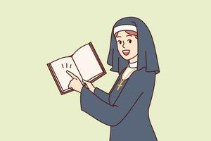 Woman nun with open bible in hands points finger at predictions, dressed in catholic cassock vector