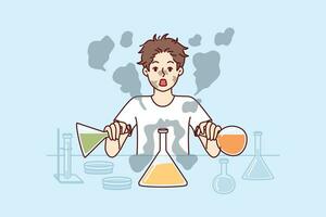 Boy conducts laboratory experiments mixing reagents from test tubes and experiencing shock vector