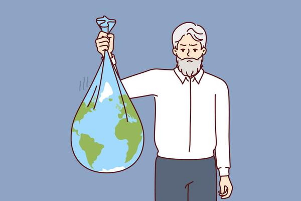 Old man litters environment by holding garbage bag in shape of planet earth, pollution environmental