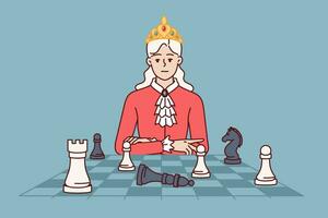 Woman monarch plays chess to develop strategic thinking and awaits opponent move with haughty look vector