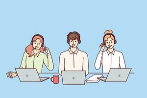 Call center employees with headsets for telephone sales sit at table with laptops vector