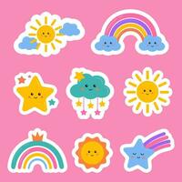 Cute sticker pack with rainbow, sun, clouds, star for kids, toddlers, preschoolers. For kids encouraging, motivation, rewarding. Stars, rainbows award, reward labels, badges for diaries, reward charts vector