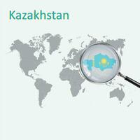 un aumentador vaso en Kazajstán de el mundo mapa, enfocar Kazajstán mapa con degradado antecedentes y Kazajstán bandera en mapa, vector Arte