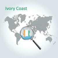 Magnified map Ivory Coast with the flag of Ivory Coast enlargement of maps, Vector Art