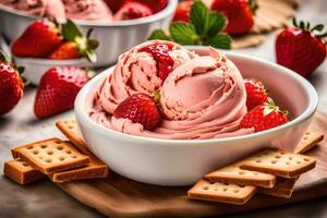 AI generated strawberry ice cream in a bowl with crackers photo