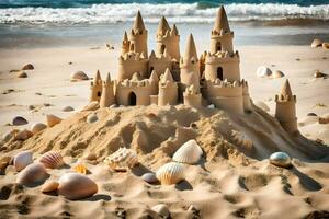 AI generated a sand castle on the beach with shells photo