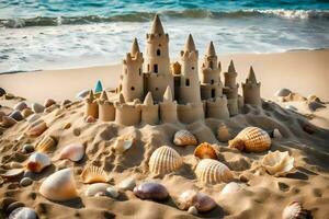 AI generated a sand castle is made out of shells and sand photo