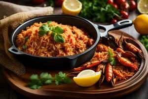 ai generado Español arroz con Mariscos y vegetales en un negro pan foto